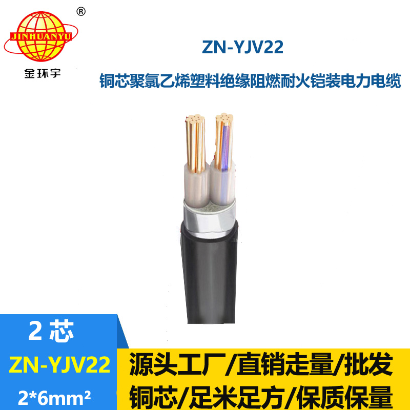 金環宇電纜 阻燃耐火電線電纜yjv22鎧裝電力電纜ZN-YJV22-2X6  足米